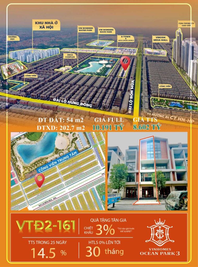 Liền kề VTĐ2-161 Phân Khu Vịnh Thiên Đường, Vinhomes Ocean Park 3
