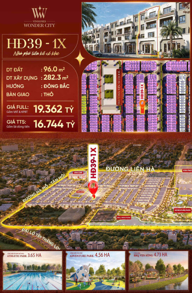 Nhà phố liền kề HĐ39-1X, phân khu Hừng Đông, Vinhomes Đan Phượng