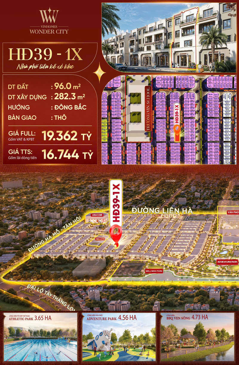 Nhà phố liền kề HĐ39-1X, phân khu Hừng Đông, Vinhomes Đan Phượng