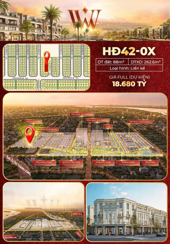 Nhà phố liền kề HĐ42-0X, phân khu Hừng Đông, Vinhomes Đan Phượng