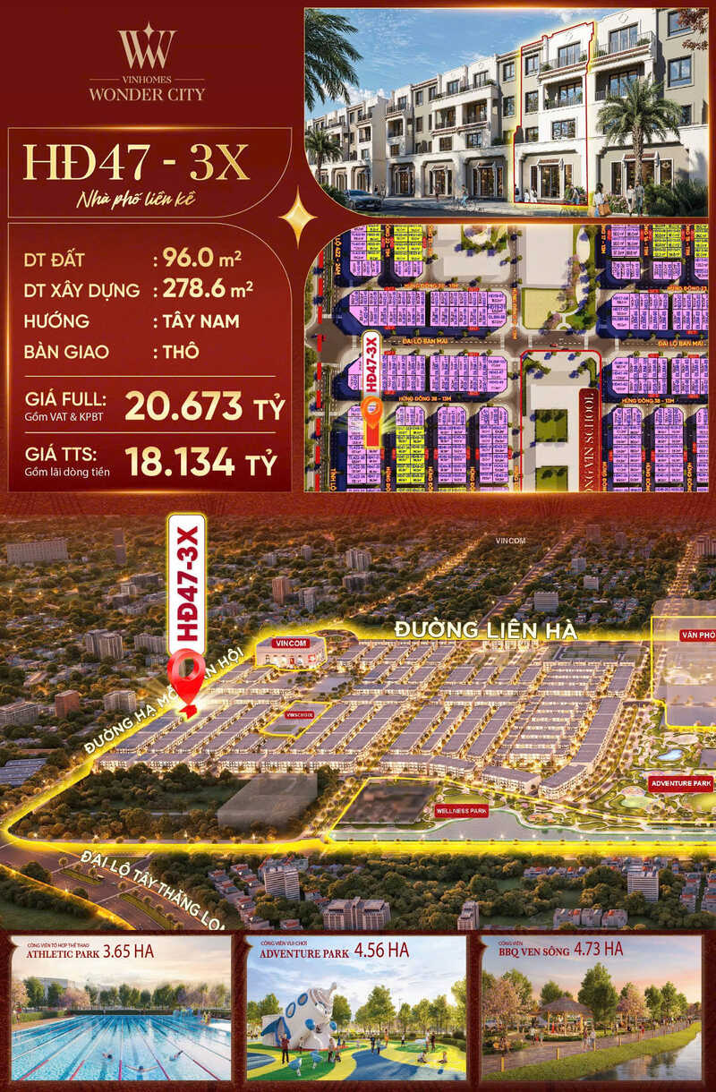 Nhà phố liền kề HĐ47-3X, phân khu Hừng Đông, Vinhomes Đan Phượng